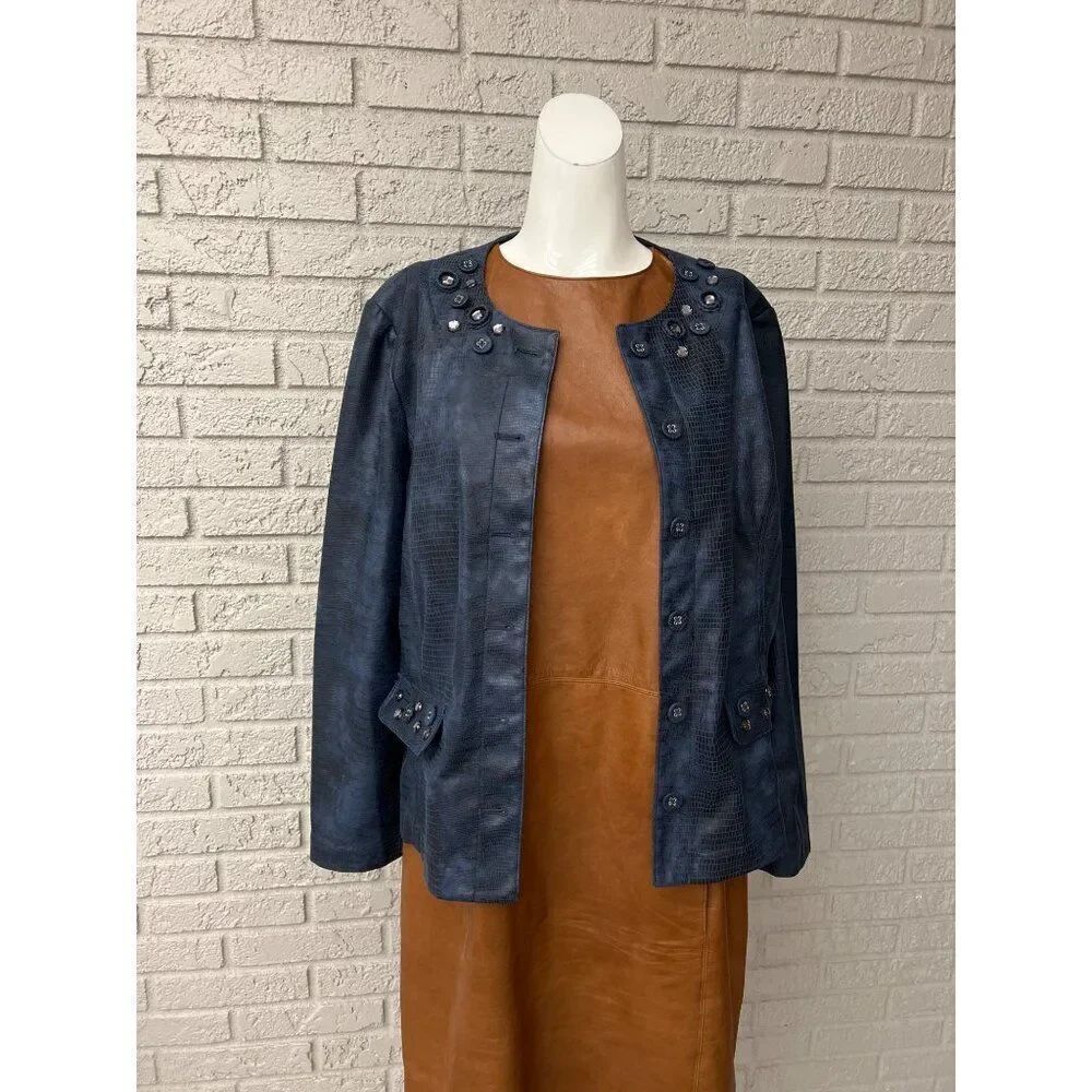 Alfred Dunner Petite Women Navy Faux Leather Embellished Jacket Size 16P